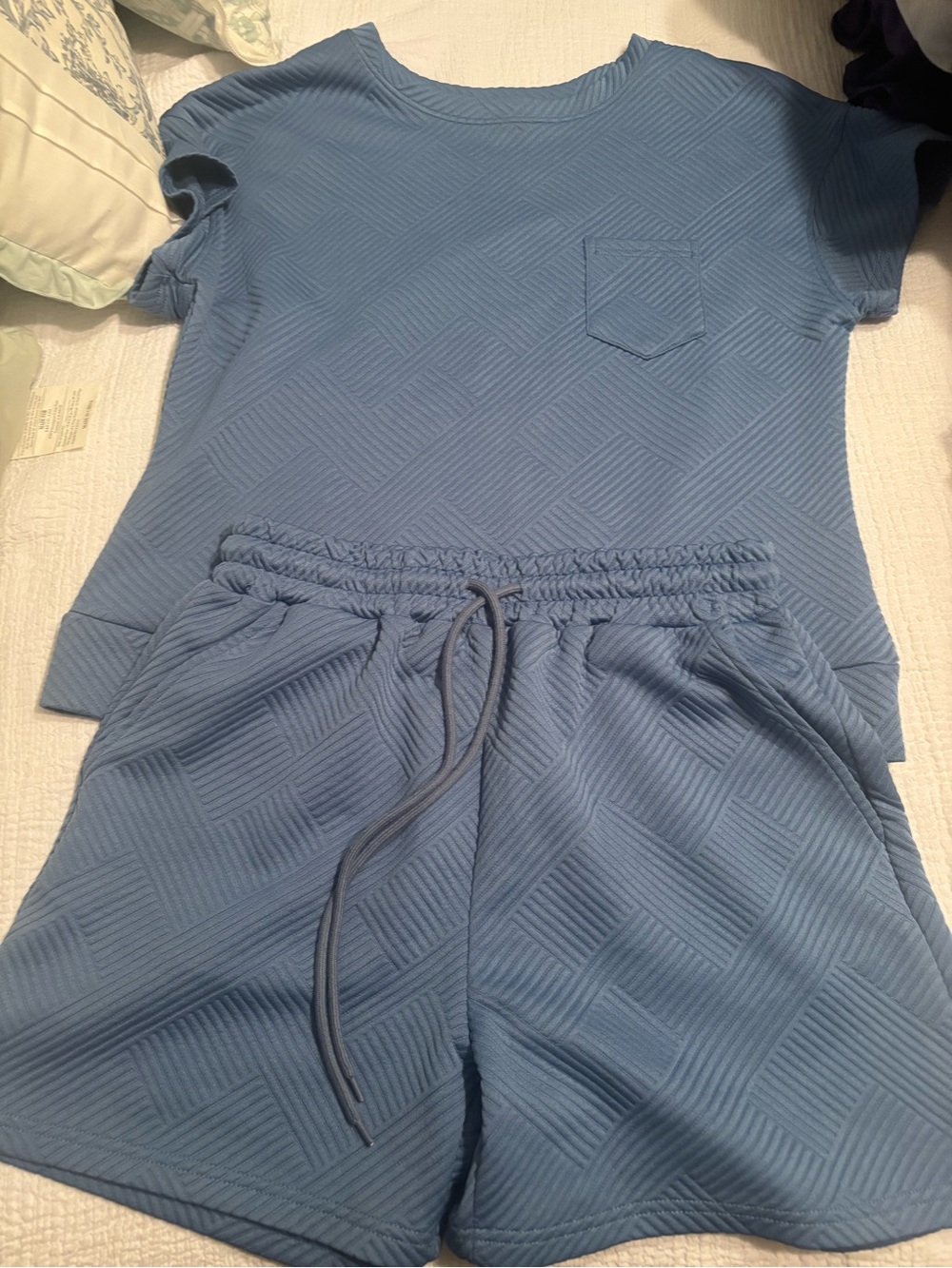 Textured Blue Lounge Tee and Drawstring Shorts Set